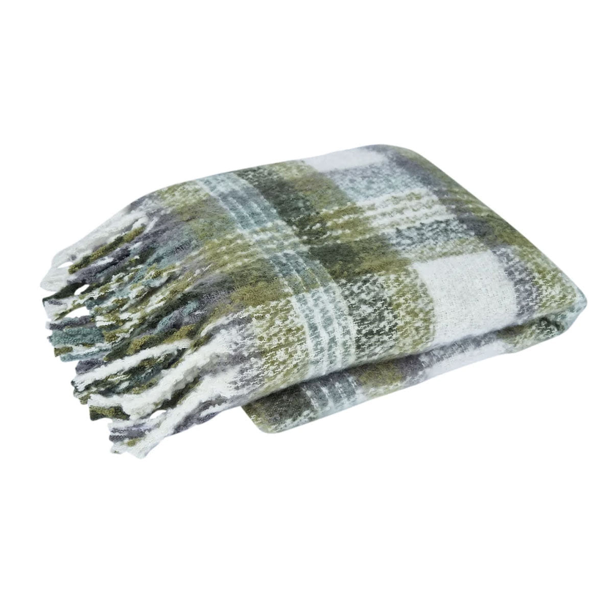 J Elliot Home Aiden Olive Multi Faux Mohair Throw Rug with Fringe 130 x 160cm - NuSea